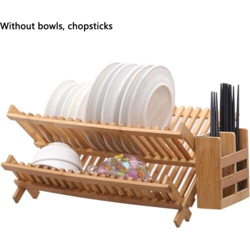 Bamboo Dish Rack Tray Rack Foldable Compact Dish Drying Rack Kitchen Drain Rack Storage Drainer Organizer with Chopsticks Cage