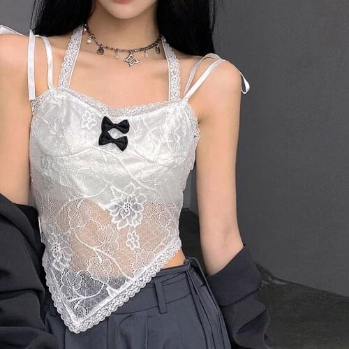 Japanese Summer Gothic Lolita Blouses Soft Girl Sexy Elegant Vintage Sleeveless Bow Kawaii Vest Sweet White Lace Short Tank Tops