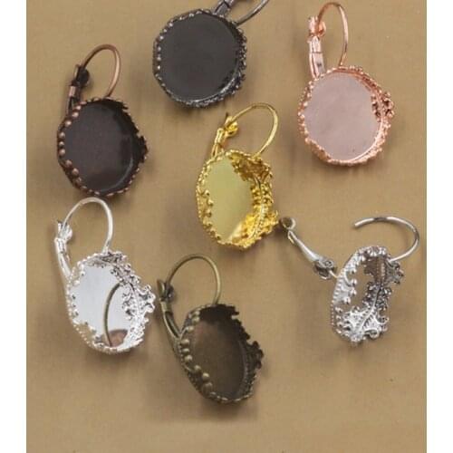 Mibrow 20pcs/lot Copper 12mm Crown Blank French Lever Earring Tray Cabochon Settings Rose Gold Silver Color Ear Cameo Base