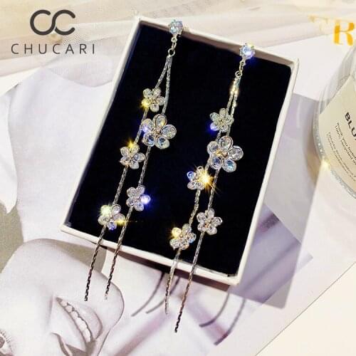 CHUCARI Fashion Long Tassel Crystal Drop Earring for Women S925 Silver Color Flower Dangle Earrings Wedding Bride Jewelry Gifts
