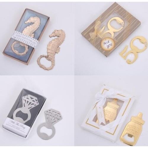 50PCS/LOT Wedding Door Gifts Seahorse with this ring 50 year Poppin Baby Bottle Opener Favors Souvenirs