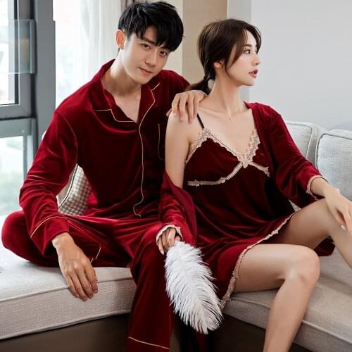 Sexy Sleepwear Autumn New Lovers Velvet 2PCS Pajamas Set Casual Soft Bathrobe Nightwear Shirt&Pant Couple Velour Home Clothes