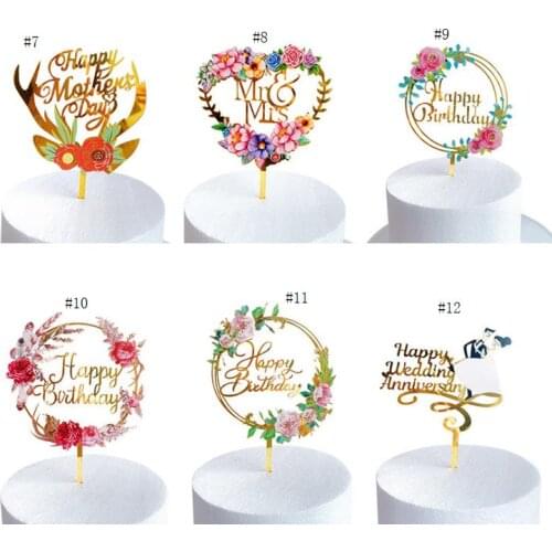 Cake Topper Light Flower Happy Birthday Cake Inserted Card Acrylic Elegant Font Birthday Party Baking Decoration Supplies SN598