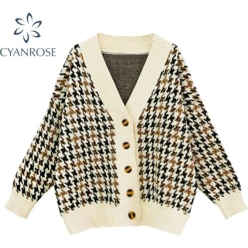 Plaid Knitted Sweaters Women Vintage Autumn Winter Casual Loose v neck long sleeve Cardigans Fashion Outwear Korean Chic Tops