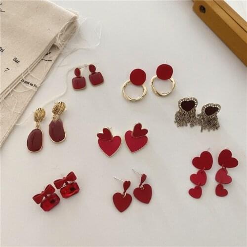 Vintage Red Color Multiple Enamel Heart Bowknot Drop Earrings for Women Round Geometric Drop Dangle Earrings New Year Jewelry