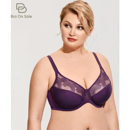 Womens Sheer Lace Bra Plus Size Jacquard Unlined Underwire Full Coverage