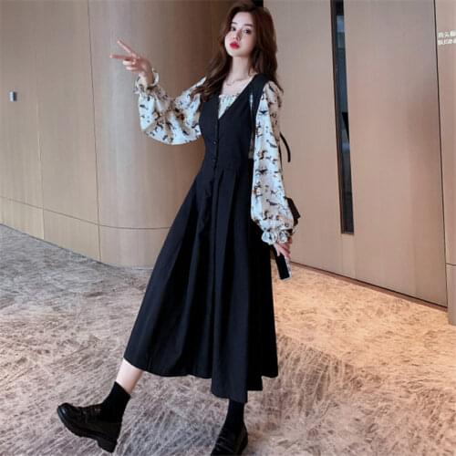 Spring Autumn Dress Set 2021 New Plus Size Womens Long Sleeve Floral Chiffon Shirt V-neck Black Vest Dress Two Piece Suit q050