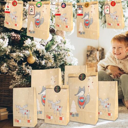 24set Kraft Paper Baking Gift Bags Christmas Candy Dessert Paper Bags Christmas Packaging Gift Bag Include Clips Stickers Tags