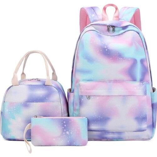 3pcs/Set Nylon School Backpack With Lunch Bag Pencil Case For Girls Waterproof Starry Sky Printed Travel Bag Rucksacks Mochila