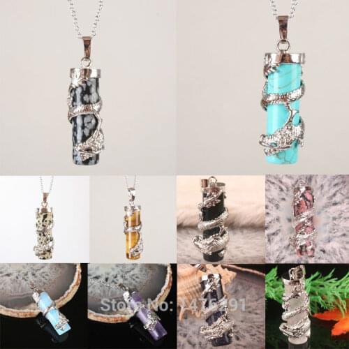 38X11MM Opal Amethysts Rose Pink Quartz Lapis lazuli Onyx Clear Crystal Tiger' eye Dragon Column Bead Pendulum Pendant 1PCS