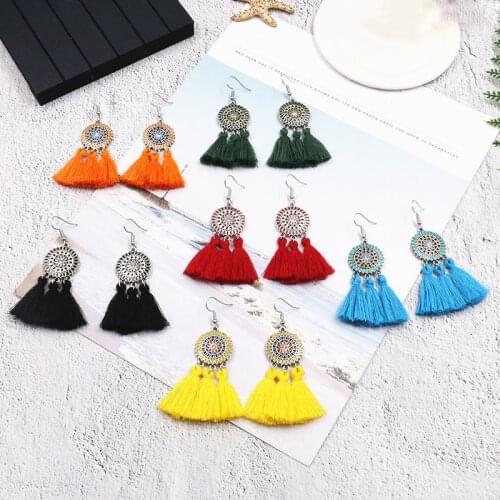 Bohemian Drop Earrings Big Tassel Silk Fabric Alloy Silk Flowers Vintage Earrings for Wedding Party Beach Women Fashion Jewelry