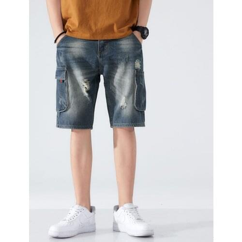 Distressed Denim Shorts Thin Straight Wide-leg Casual Five-point Pants Hiphop Multi-pocket Design Overalls Spring Summer Jeans