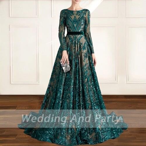 Womens formal prom evening dress Haute Couture elegant O neck long sleeve sequined wedding party dress Plus size Ceremony Dress
