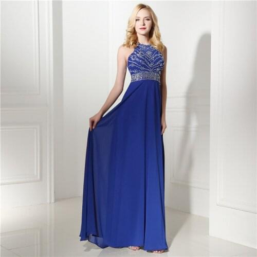 Elegant A-Line Evening Dresses Lace Chiffon Sleeveless Dark Navy Prom Party Gowns Celebrity Dresses