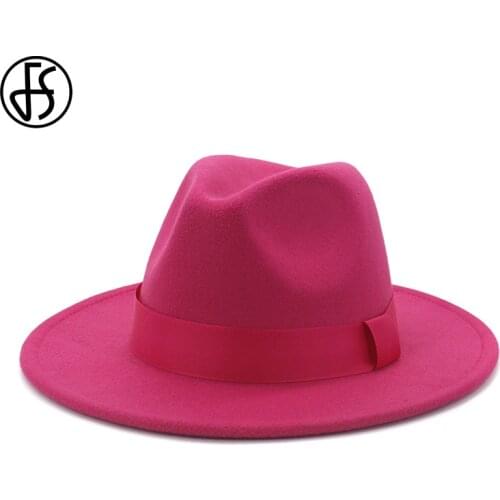 FS Vintage Classic Felt Wool Jazz Fedora Hats Wide Brim Cowboy Panama Cap for Women Men White Red Trilby Derby Bowler Top Hat