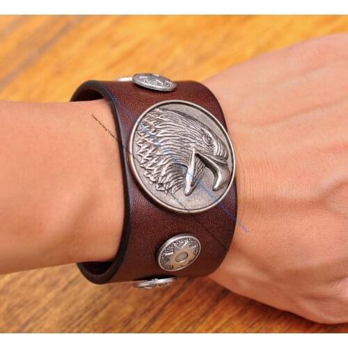 Cool Biker Hiphop Rock Eagle Star Concho Quality Handmade Wide Veg Tan Brown Leather Bracelet Wristband Cuff Bangle