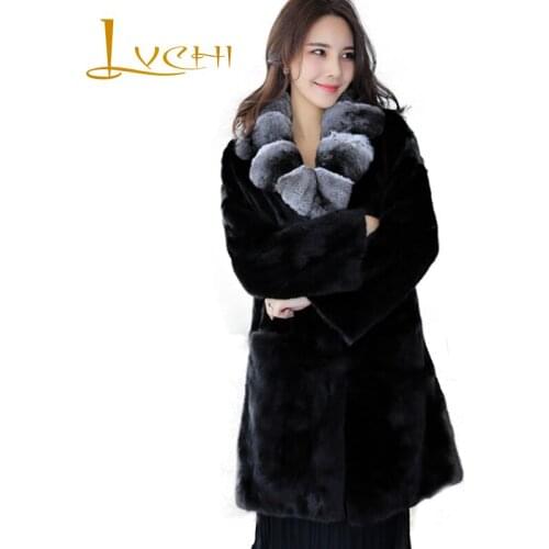 LVCHI Winter 2019 Causal Import Swan Velvet Office Lady Real Mink Fur Coat Womens Turn Down Collar Long Loss Pockets Mink Coats