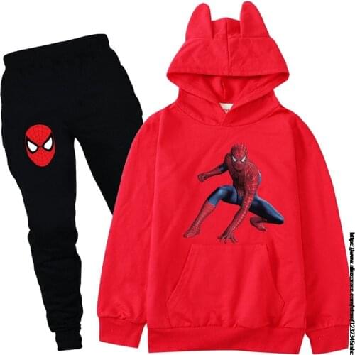 Fashion Anime SpiderMan Clothes with Cat Ear Kids Cartoon Costume Boys Hoodies + Pants 2cs Sets Girls Pullover Tracksuit