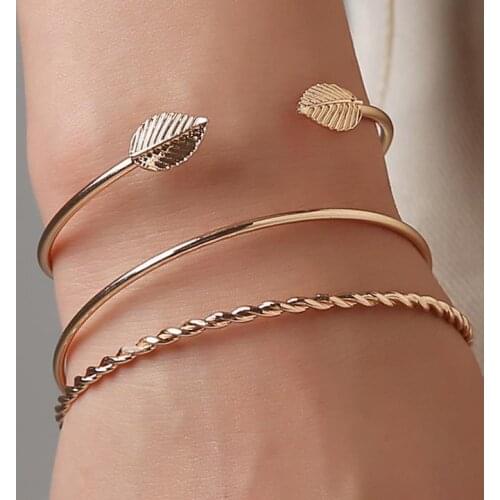 Fashion Simple Gold SV Plated Cuff Bracelets For Women Leaves Bracelets Popular Open Bangle Bracelets Three-piece suit