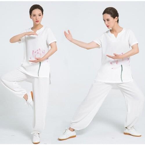 2018 New Product V-neck Linen Hand Painted Short Sleeve Tai Chi clothes Women Chinese Martial Arts Uniform 7 Colors