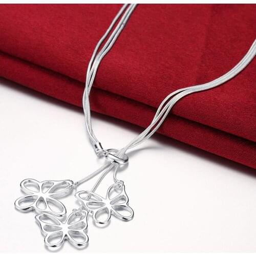 Hot Sale 925 Silver Color Hollow Three Butterfly Necklaces For Women Fashion Jewelry Snake Chain Necklaces