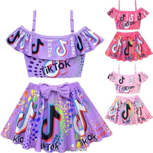 Tik Tok Hot Summer Girls wimsuit Kids Two Pieces Fashion Girls Swimsuit Cartoon Print Beach Wear Sling Bathing Suit Set for Girl
