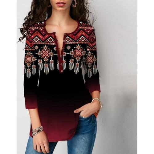 Plus Size V Neck Folk-custom Loose Blouse Office Lady 5XL Boho 3/4 Sleeve Shirts Y2K Tops Women Vintage Spring Autumn Clothes