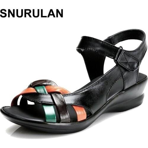 SNURULAN Summer women genuine leather sandals wedges open toe shoes comfortable female sandals mother shoes plus size(35-42)