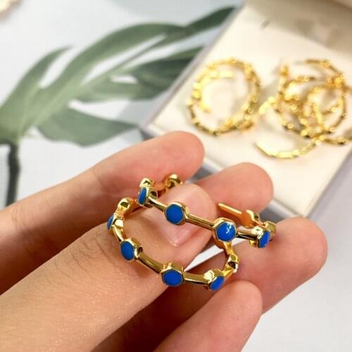 Brass With 18K Gold Geo Natural Stone Enemal Drop Earrings Women Jewelry Punk Party Gown Runway Korean Japan INS Fashion