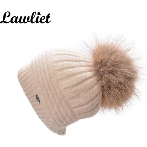 Lawliet 2017 Women Winter Hats Big Real Fur Pom Pom Hats Thick Warm Gril Ladies Knitted Beanies Hats Fashion Angora Skullies Cap