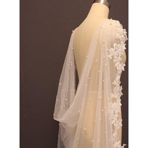 High Quality Pearls Wedding Bolero Lace Long 2.5 Meters Bridal Cape with Lace Edge White Ivory Bride Jacket Wedding Accessories