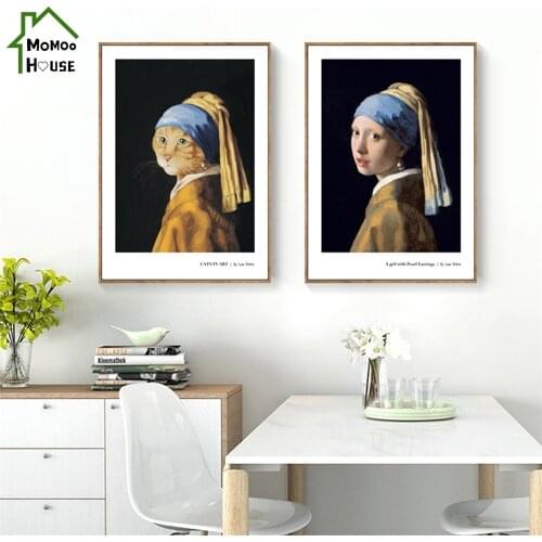 World Famous Painting Johannes Vermeer Creative Girl and Cat With The Pearl Earring Classic Vintage Poster Wall Art Decorations