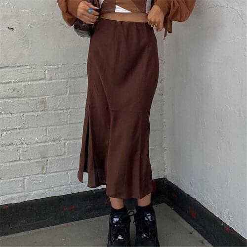 Women Fashion Solid Satin Long Skirts Office Lady Vintage Casual Straight Maxi Skirt Woman Spring Fall Sexy High Split Skirt
