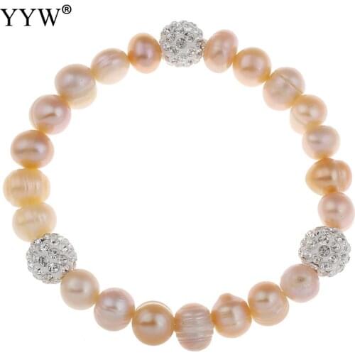 Freshwater Cultured Pearl Bracelet Pearl bracelets with Rhinestone Clay Pave Bead Potato natural 8-9mm 6 Inch/Strand
