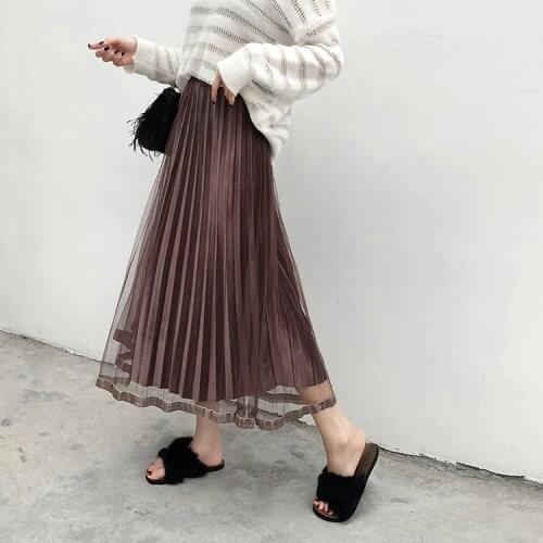 Zoki New 2020 Women Tulle Skirt Fashion Velvet Mesh Spring Korean Elastic High Wasit Long Skirt Elegant Chic Ladies Party Faldas