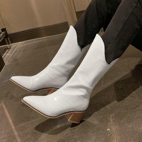 New Ladies Knight Boots Fashion Stone Pattern Slip On Loose Large Size Women Shoes Autumn Winter Square High-Heel Mid Calf Boots