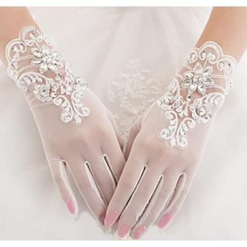 Women Dance Gloves Wrist Length Long White Lace Appliqued Crystal Beaded Dance Fingerless Music Festival Party Gloves New