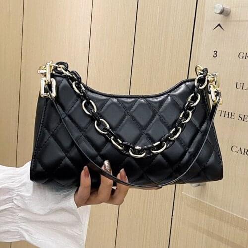 Womens Bags 2021 Brand Trend Metal Chain Underarm Bag Luxury Soft Leather Handbags Ladies Suture Grid Tote Shoulder Bag Purse