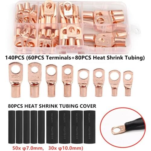 140PCS Car Bare Copper Ring Wire Terminal Lug Closed End Crimp Terminals SC Battery Welding Electrical Connectors Kit Auto Parts