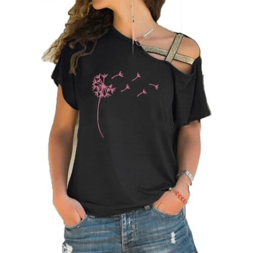 2020 Fashion Wildflower Dandelion Print Women tshirt Short Sleeve Summer cute girl T-shirt Irregular Skew Cross Bandage Tee Tops