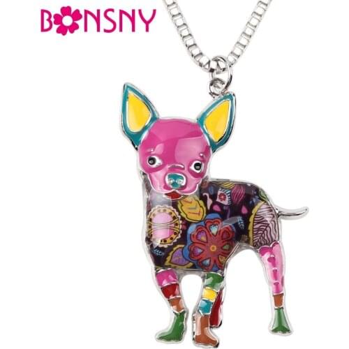 Bonsny Enamel Alloy Chihuahuas Dog Necklace Pendant Chain Collar Choker Novelty Animal Jewelry For Women Girls Gift Party Bijoux