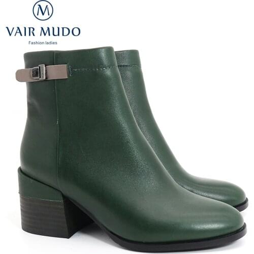 VAIR MUDO Ankle Boots Elegant Sexy Women Shoes Winter Round Toe Footwear Thick Heels Green Genuine Leather Sewing Warm DX113