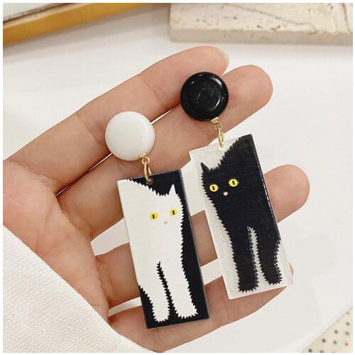 Black and White Cat Dangle Earrings for Women Cute Romantic Geometric Earrings Pendientes Largos Mujer M4