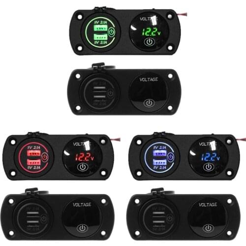 DC 12V-24V LED Digital Voltmeter + Dual USB Outlet Power Socket Panel 2.1A Charger With Touch Switch for Car Boat Marine Rv ATV