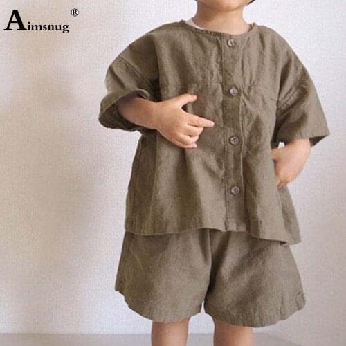 Children Two Pieces Set Unisex Boy Girl Pocket Design 2PCS Outfits Elastic Waist Open Stitch Top and Loose Shorts Kids Clothing