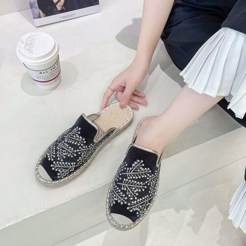 Crystal Butterfly Woman Slippers Espadrilles Flats Lace Flower Fishermans Shoes Hemp Weave Spiderweb Mesh Mules Slides 2021 Hot