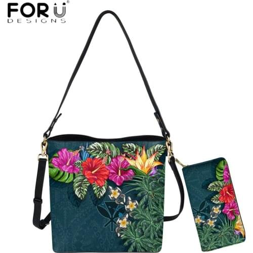 FORUDESIGNS Fashion PU Leather Women Shoulder Bag And Purse Hawaiian Tropical Hisbiscus Floral Print Lady Large Bucket Bolsas