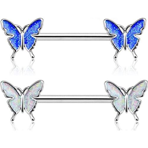 1Pair Butterfly 14G Nipple Piercing Ring Surgical steel Crystal Nipple Barbell Set Charming Piercing Nipple Set Pircing Teton