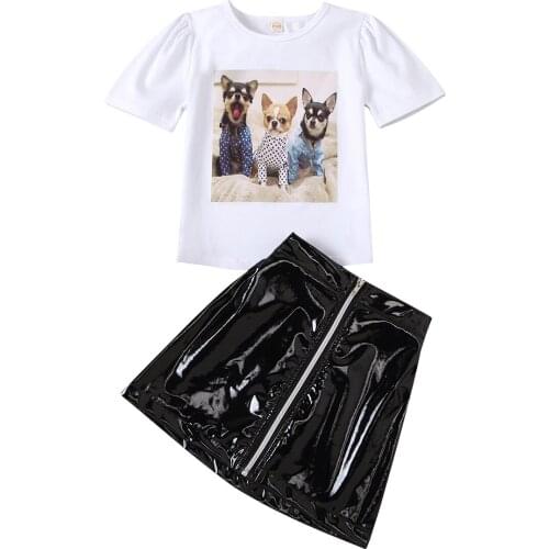 2021 New Girls Skirt Two Piece Suits Fashion Dog Printed Round Neck Short Sleeve Tops and Leather Short Skirt Clothes Sets