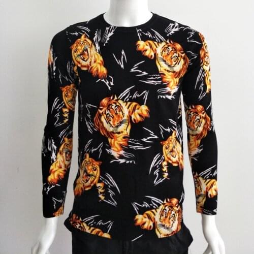 Creative little tiger pattern printing fancy knitted pullover sweater Autumn 2018 high-quality cotton elastic sweater men M-XXXL
